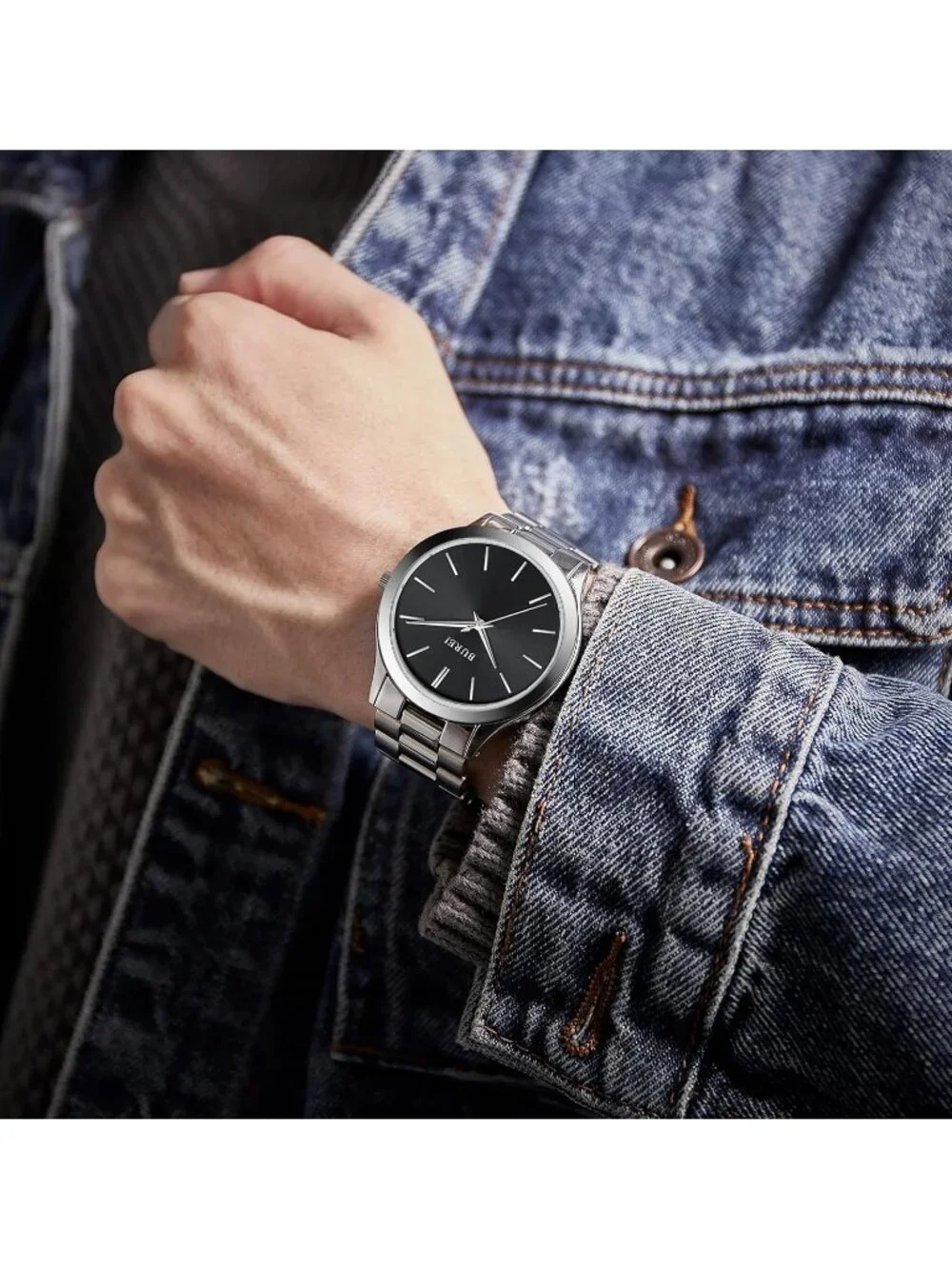 Men's Silver Black Analog Quartz Stainless Steel Waterproof Round Luxury Watch